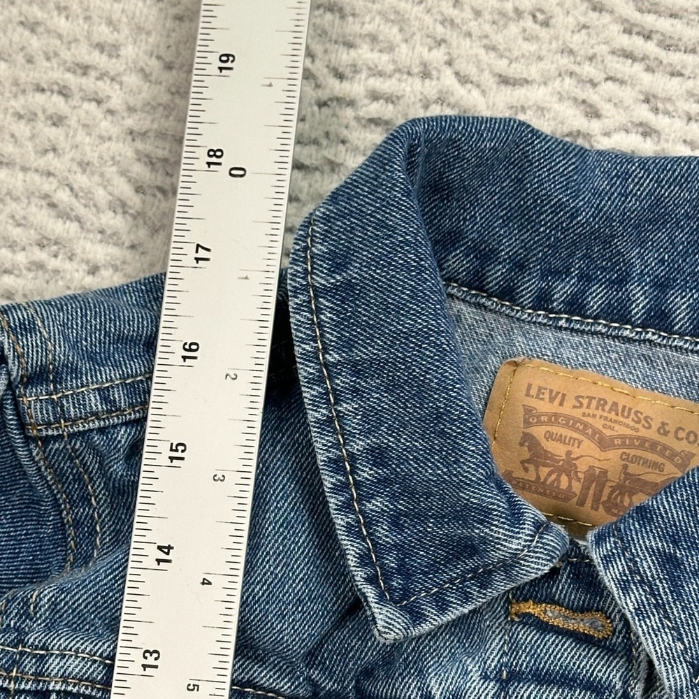 Levis Trucker Jacket Small Child Size Large Blue Denim Button Pockets - Picture 6 of 7